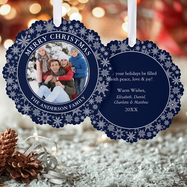 Modern Snowflakes Blue Merry Christmas Photo Ornament Card (A greeting card that is also an ornament! Customize with your photo and personalized text.)