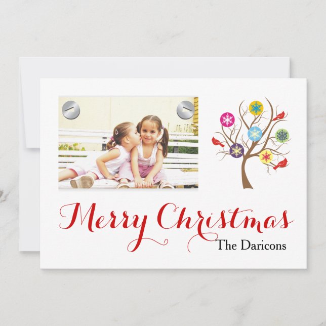 Modern snowflakes & cardinals Merry Christmas Holiday Card (Front)