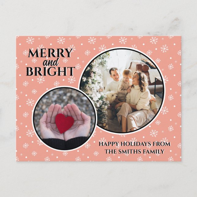 Modern Snowflakes Elegant Pink Family Holiday Postcard (Front)