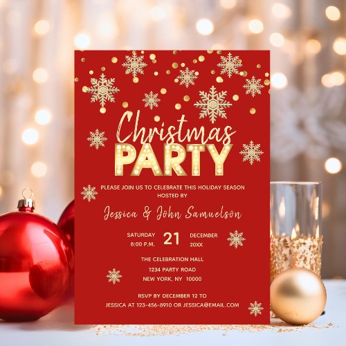 Modern Snowflakes Gold Red CHRISTMAS PARTY Invitation