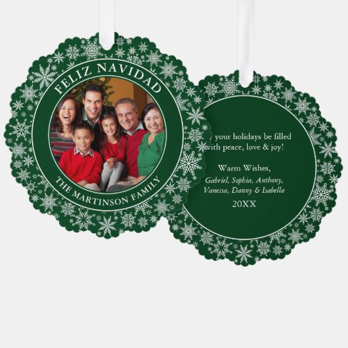 Modern Snowflakes Green Feliz Navidad Photo Ornament Card