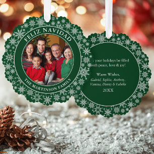 Modern Snowflakes Green Feliz Navidad Photo Ornament Card