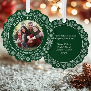 Modern Snowflakes Green Happy Holidays Photo Ornament Card