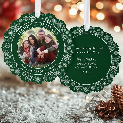 Modern Snowflakes Green Happy Holidays Photo Ornament Card