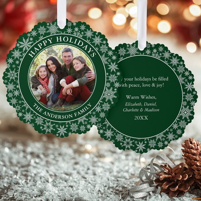 Modern Snowflakes Green Happy Holidays Photo Ornament Card (A greeting card that is also an ornament! Customize with your photo and personalized text.)