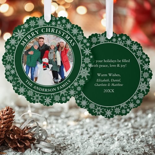 Modern Snowflakes Green Merry Christmas Photo Ornament Card