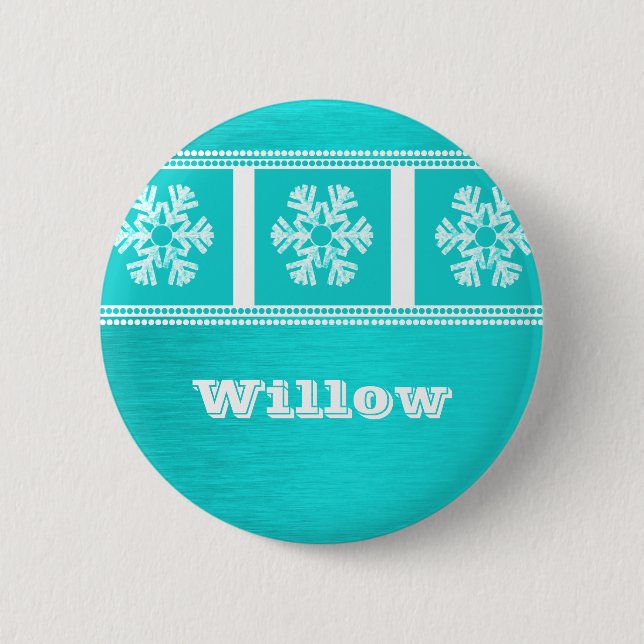 Modern Snowflakes Holiday Button, Teal Button (Front)