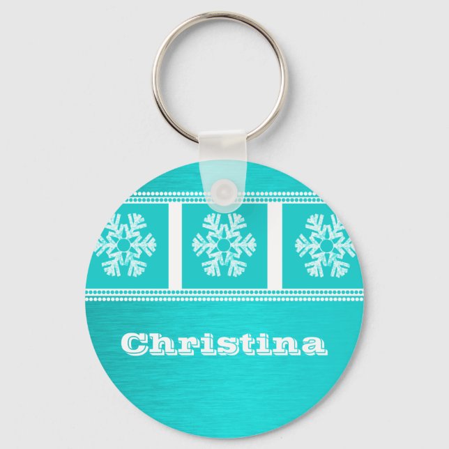 Modern Snowflakes Holiday Keychain, Teal Keychain (Front)