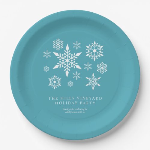 Modern Snowflakes on Blue Christmas Holiday Party Paper Plates