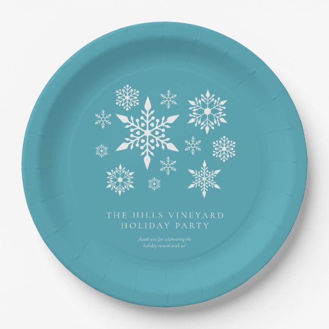 Modern Snowflakes on Blue Christmas Holiday Party Paper Plates (Front)