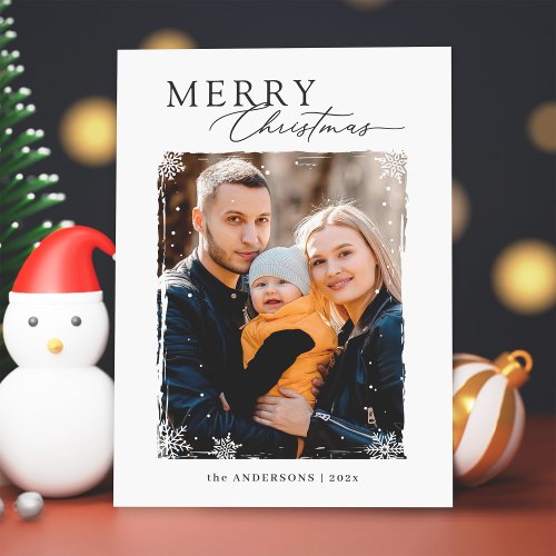 Modern Snowflakes Overlay Merry Christmas Photo Holiday Card