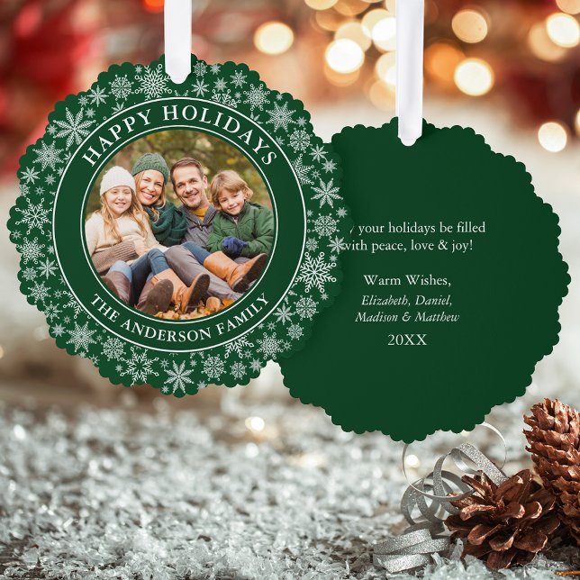 Modern Snowflakes Photo Happy Holidays Green Ornament Card (A greeting card that is also an ornament! Customize with your photo and personalized text.)