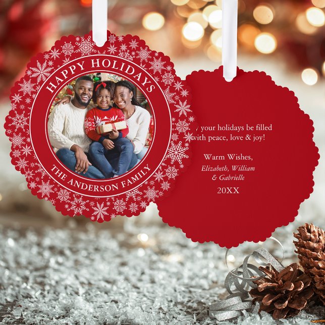Modern Snowflakes Photo Happy Holidays Red Ornament Card (A greeting card that is also an ornament! Customize with your photo and personalized text.)