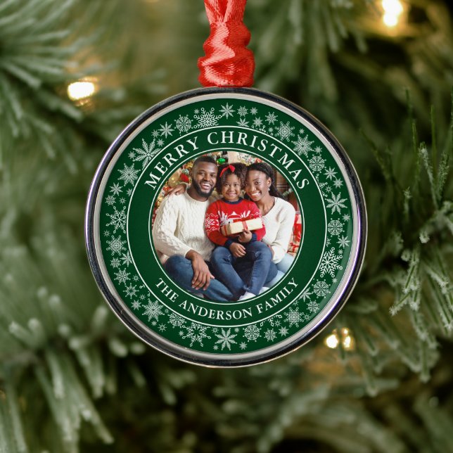 Modern Snowflakes Photo Merry Christmas Green Metal Ornament (Tree)