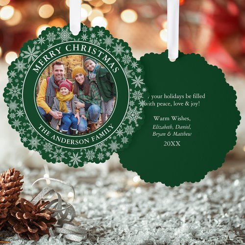 Modern Snowflakes Photo Merry Christmas Green Ornament Card