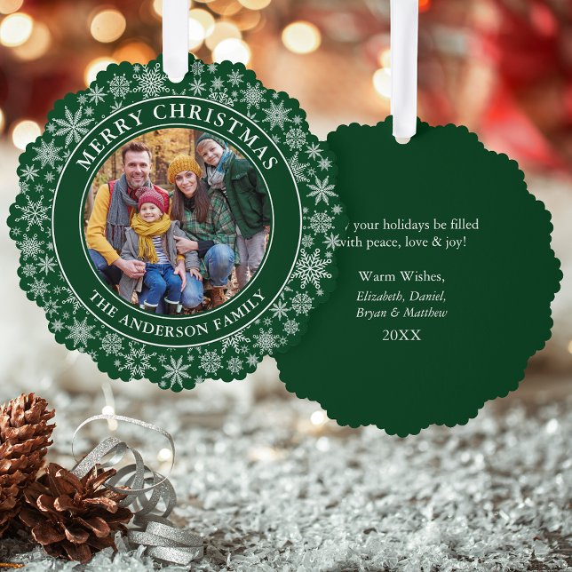 Modern Snowflakes Photo Merry Christmas Green Ornament Card (A greeting card that is also an ornament! Customize with your photo and personalized text.)