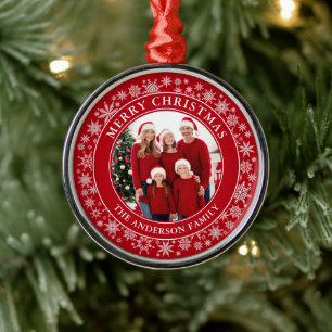 Modern Snowflakes Photo Merry Christmas Red Metal Ornament