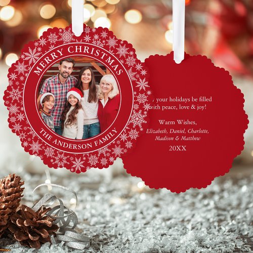 Modern Snowflakes Photo Merry Christmas Red Ornament Card