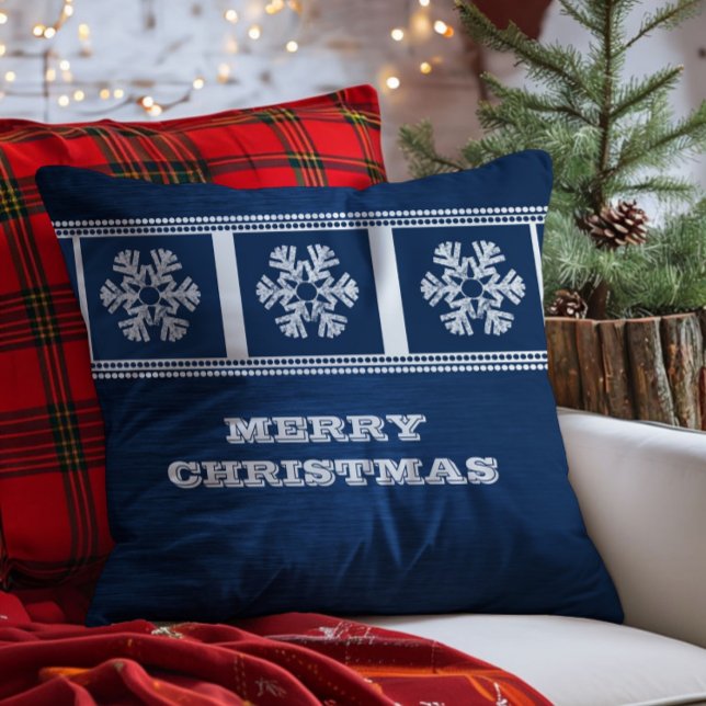 Modern Snowflakes Pillow, Blue Throw Pillow (Blue Modern Snowflakes Throw Pillow)