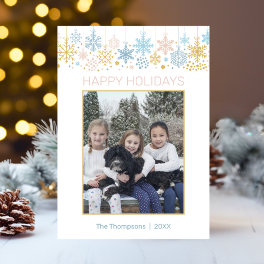 Modern Snowflakes Pink Blue Gold Christmas PHOTO Holiday Card