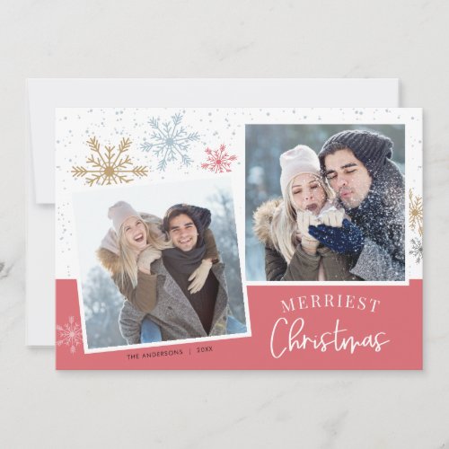 Modern Snowflakes Pink Gold 2 Photos Christmas Holiday Card