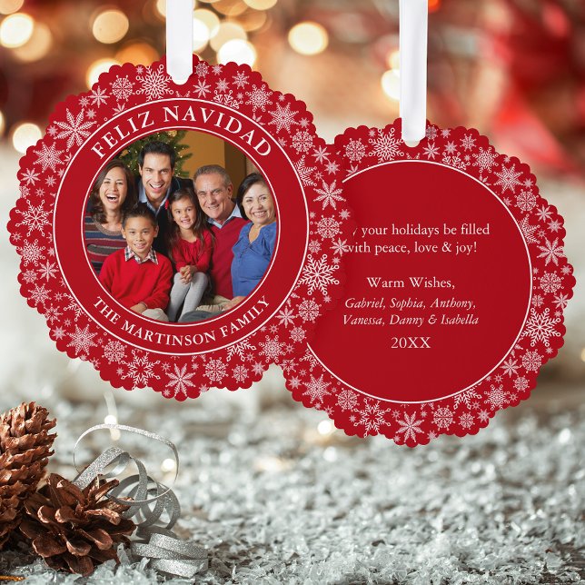 Modern Snowflakes Red Feliz Navidad Photo Ornament Card (A greeting card that is also an ornament! Customize with your photo and personalized text.)