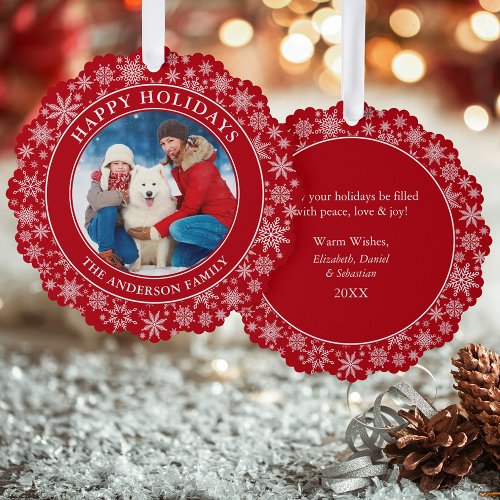 Modern Snowflakes Red Happy Holidays Photo Ornament Card