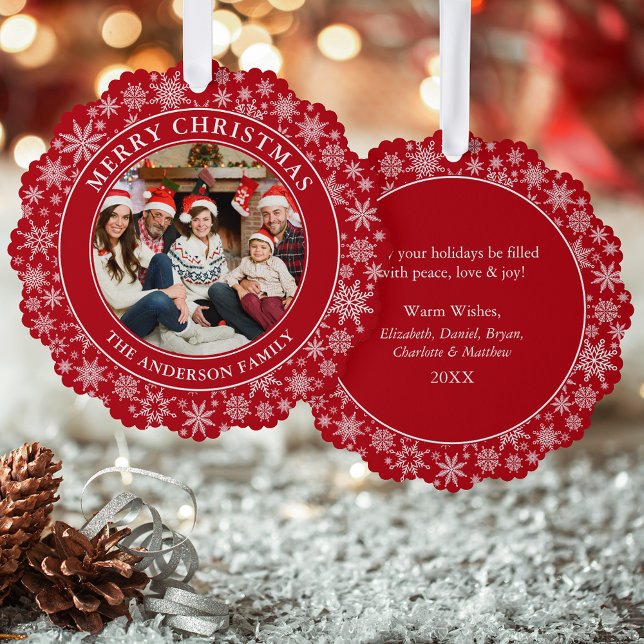 Modern Snowflakes Red Merry Christmas Photo Ornament Card (A greeting card that is also an ornament! Customize with your photo and personalized text.)