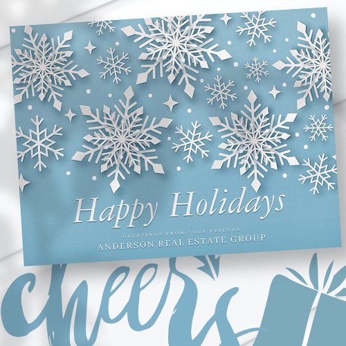 Modern Snowflakes Snow on Blue Holiday Greetings Postcard