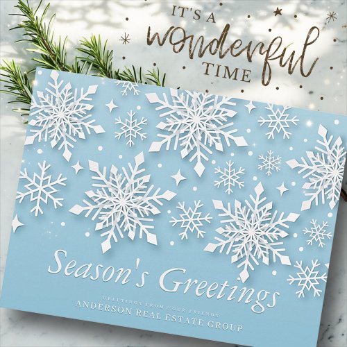 Modern Snowflakes Snow on Blue Seasons Greetings Postcard