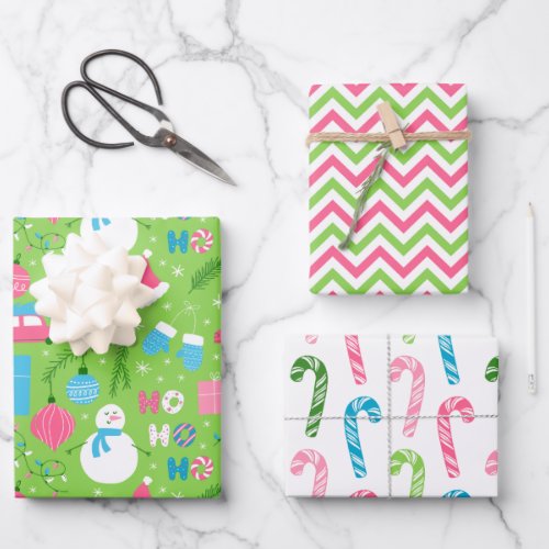 Modern Snowman and Pink  Green Christmas Decor Wrapping Paper Sheets