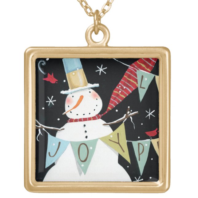 Modern Snowmen Love, Joy, Peace Gold Plated Necklace (Front)