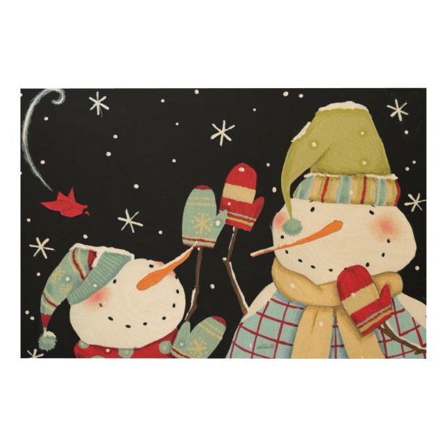 Modern Snowmen with Mittens Wood Wall Art (Front)