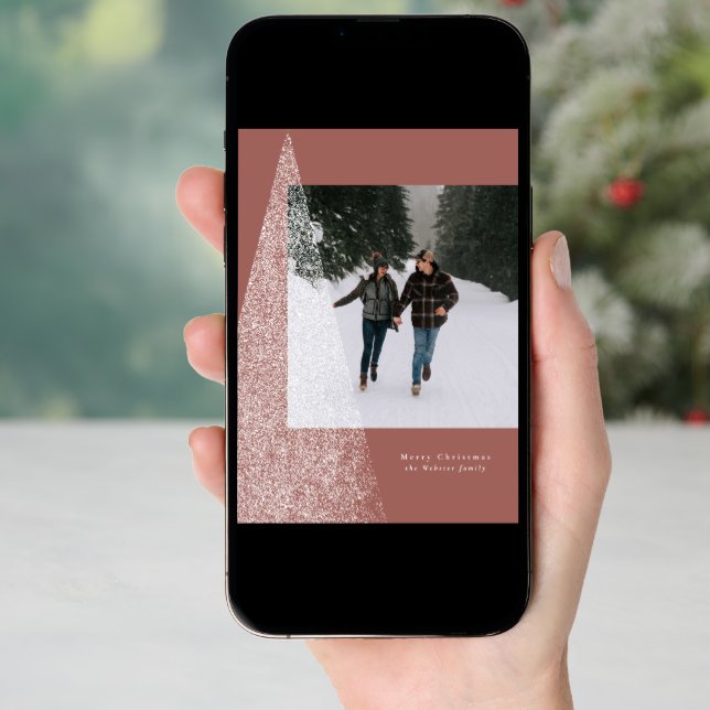 Modern snowy Christmas tree one photo stylish Holiday Card (Front Digital)