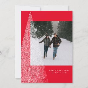 Modern snowy Christmas tree red holiday photo card