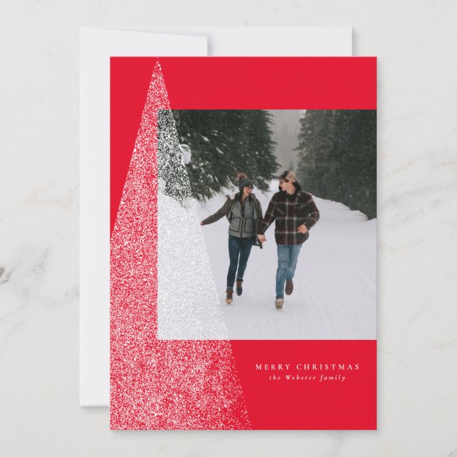 Modern snowy Christmas tree red holiday photo card (Front)