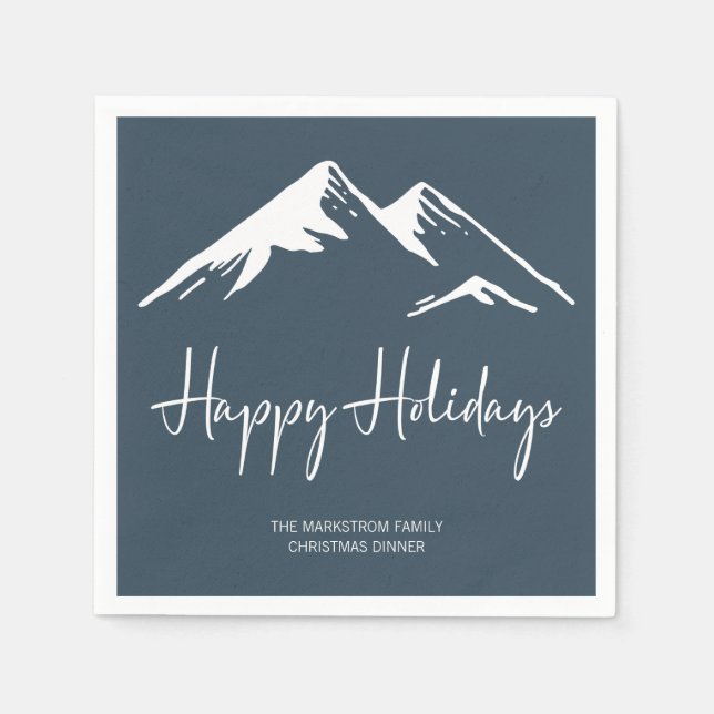 Modern Snowy Mountain on Blue Holiday Party Napkins (Front)
