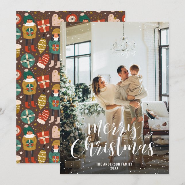 Modern Snowy Typography Photo Merry Christmas Card (Front/Back)