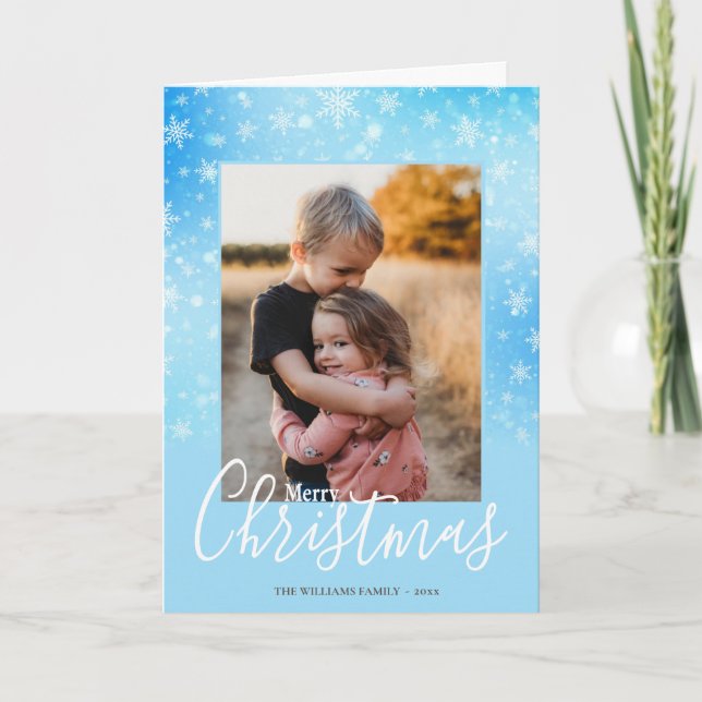 Modern Snowy Winter Blue Merry Christmas Photo Holiday Card (Front)