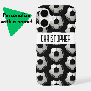 Modern Soccer Ball Pattern + Name Black White iPhone 17 Case