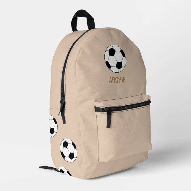 Modern Soccer Football Personalized Beige Printed Backpack (Back Corner Left)