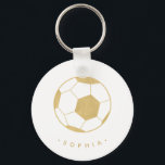 Modern Soccer in Gold Personalized Keychain<br><div class="desc">The soccer player or soccer fan in your life will love these personalized keychains featuring a gold soccer ball. Perfect as a party favor. Coordinates with Parcel Studio's Soccer Star collection. Background color and text is customizable. *Note: The gold in this product is simulated. No actual gold will be used...</div>