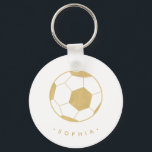 Modern Soccer in Gold Personalized Keychain<br><div class="desc">The soccer player or soccer fan in your life will love these personalized keychains featuring a gold soccer ball. Perfect as a party favor. Coordinates with Parcel Studio's Soccer Star collection. Background color and text is customizable. *Note: The gold in this product is simulated. No actual gold will be used...</div>