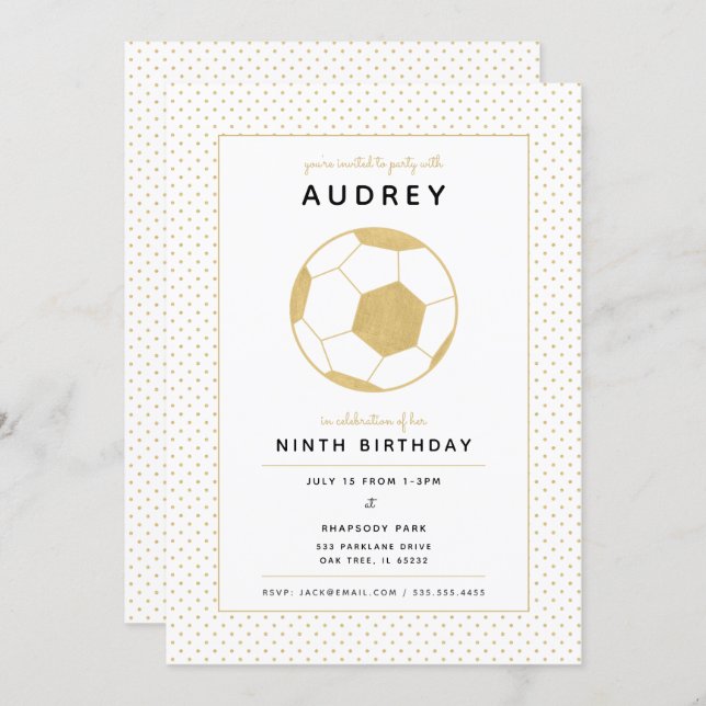 Modern Soccer Star White and Gold Sports Birthday Invitation (Front/Back)