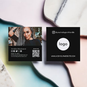 Modern social media add your logo photo QR code Square Business Card