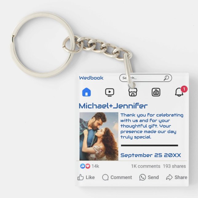Modern Social Media Custom Message Wedding Favor  Keychain (Front)