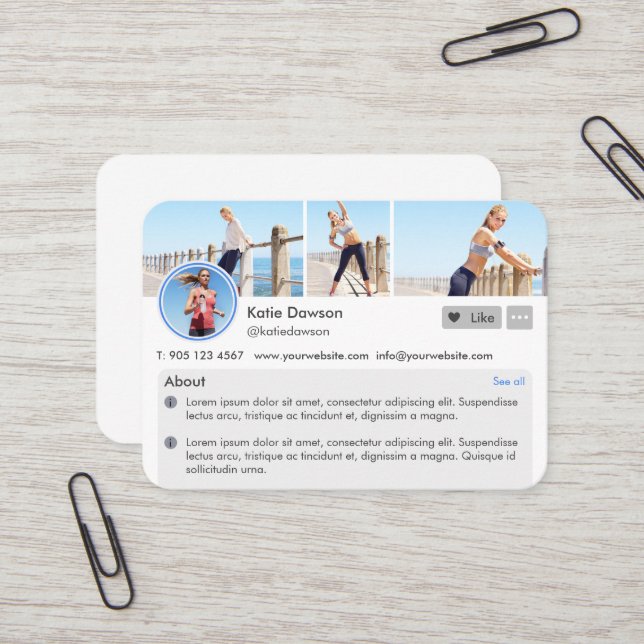 Modern Social Media Personal Fitness Coach Photos Business Card (Front/Back In Situ)