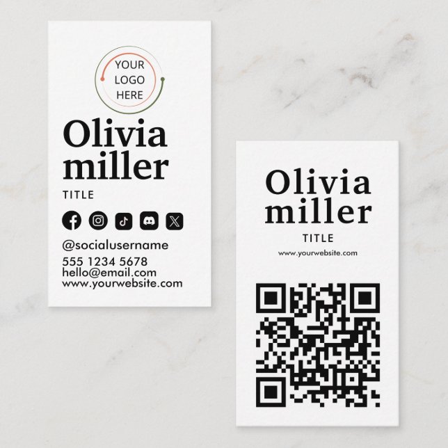 Modern Social Media QR Code | Minimalist Portrait Business Card (Front/Back)