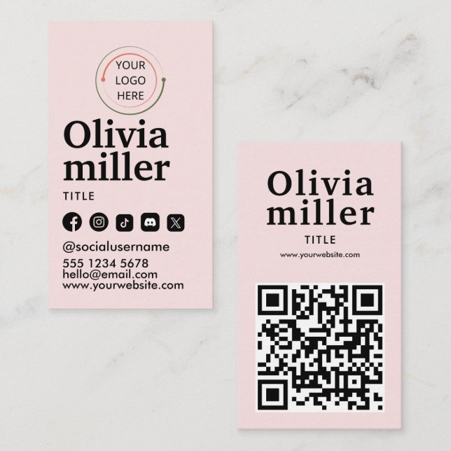 Modern Social Media QR Code | Minimalist Portrait Business Card (Front/Back)
