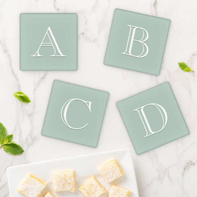 Modern Soft Aqua Monogram Initial Letter  Coaster Set (In Situ)